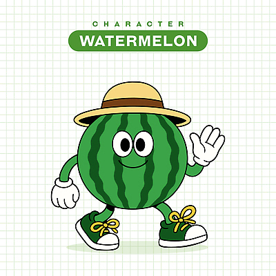 장갑 신발 일러스트 수박 미소 사람없음 초록색 손들기 복고 손인사 과일캐릭터 엘리먼트 챙모자 일러캐릭터 AI파일 캐릭터 모자_잡화 잡화 컬러 과일 모션 표정 인사 파일형식 벡터