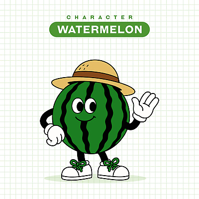 허리손 장갑 신발 일러스트 수박 미소 사람없음 초록색 손들기 복고 손인사 과일캐릭터 엘리먼트 챙모자 일러캐릭터 AI파일 캐릭터 모자_잡화 잡화 컬러 포즈 과일 모션 표정 인사 파일형식 벡터