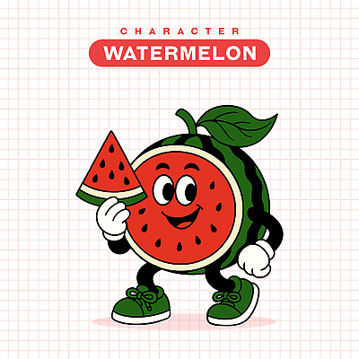 허리손 장갑 신발 잎 일러스트 미소 들기 사람없음 빨간색 초록색 복고 과일캐릭터 수박씨 수박조각 엘리먼트 일러캐릭터 AI파일 식물 캐릭터 잡화 컬러 조각 포즈 모션 수박 표정 씨앗 파일형식 벡터