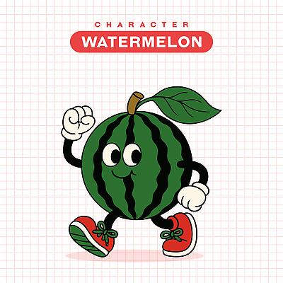 장갑 신발 잎 일러스트 수박 미소 사람없음 초록색 걷기 복고 과일캐릭터 엘리먼트 일러캐릭터 AI파일 식물 캐릭터 잡화 컬러 과일 모션 표정 파일형식 벡터