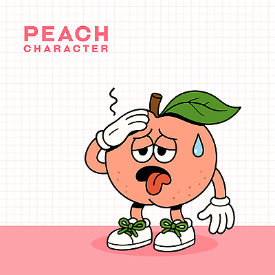 분홍색 장갑 신발 잎 일러스트 피곤 사람없음 더위 땀 복숭아 과일캐릭터 엘리먼트 힘듦 복숭아캐릭터 일러캐릭터 머리짚기 AI파일 식물 캐릭터 잡화 컬러 컨셉 과일 모션 날씨 파일형식 벡터