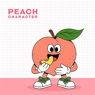 분홍색 장갑 신발 잎 일러스트 미소 들기 사람없음 먹기 슬라이스 복숭아 과일캐릭터 엘리먼트 복숭아캐릭터 일러캐릭터 AI파일 식물 캐릭터 잡화 컬러 과일 모션 표정 파일형식 벡터