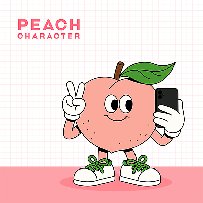 분홍색 장갑 신발 잎 일러스트 미소 들기 사람없음 스마트폰 셀프카메라 브이 복숭아 과일캐릭터 엘리먼트 복숭아캐릭터 일러캐릭터 AI파일 식물 캐릭터 잡화 컬러 과일 모션 표정 손짓 핸드폰 스마트기기 사진촬영 파일형식 벡터