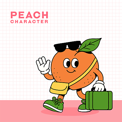 분홍색 장갑 신발 잎 일러스트 미소 사람없음 선글라스 손들기 여행가방 복숭아 손인사 과일캐릭터 엘리먼트 복숭아캐릭터 일러캐릭터 AI파일 식물 캐릭터 잡화 안경 컬러 가방 과일 모션 표정 인사 파일형식 벡터