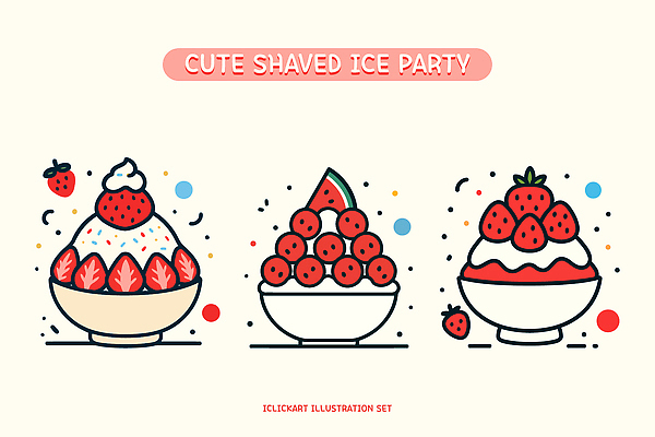 그릇 일러스트 딸기 아이스크림 수박 사람없음 빨간색 여름 귀여움 달콤 시원함 슬라이스 과일빙수 딸기빙수 수박조각 엘리먼트 국내일러스트 AI파일 식기 계절 컬러 조각 컨셉 과일 디저트 맛 빙수 파일형식 벡터