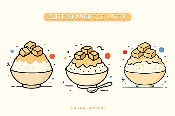 그릇 일러스트 사람없음 여름 귀여움 숟가락 달콤 시원함 빙수 엘리먼트 인절미 연노랑색 국내일러스트 AI파일 식기 계절 컨셉 디저트 떡 수저 노란색 맛 파일형식 벡터