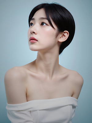 JPG 편집이미지 여자 하늘색 짧은머리 한명 상반신 성인 의료성형뷰티 성인여자한명만 편집실사 오프숄더 AI인물포토 AI콘텐츠 1 헤어스타일 상의 사람 파란색 CG 여자한명만 성인여자만 파일형식 AI포토