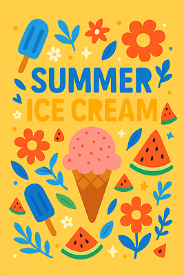 꽃 포스터 잎 일러스트 사람없음 여름 반짝임 노란색 콘아이스크림 막대아이스크림 수박조각 국내일러스트 AI파일 식물 계절 컬러 조각 모션 아이스크림 수박 파일형식 벡터