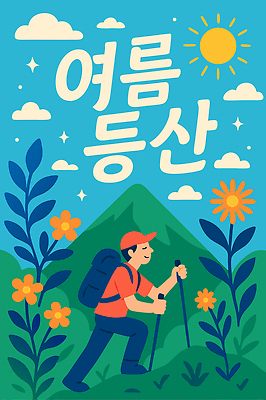 전신 구름 남자 꽃 포스터 하늘색 잎 일러스트 배낭 하늘 산 한명 미소 성인 여름 반짝임 태양 눈감음 등산 등산스틱 성인남자한명만 국내일러스트 AI파일 자연요소 식물 1 계절 가방 모션 표정 사람 파란색 트래킹 등산용품 남자한명만 성인남자만 파일형식 벡터