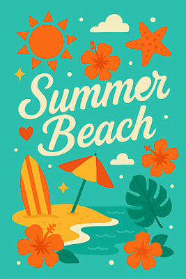 구름 포스터 일러스트 하늘 불가사리 해변 사람없음 반짝임 태양 여름풍경 하트 파라솔 서핑보드 청록색 히비스커스 국내일러스트 AI파일 자연요소 모양 꽃 바다 컬러 모션 극피동물 풍경 보드_스포츠 파일형식 벡터 여름_계절