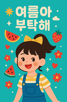 여자 꽃 포스터 리본 어린이 하늘색 일러스트 딸기 한명 미소 소녀 상반신 여름 반짝임 하트 수박조각 소녀한명만 국내일러스트 AI파일 모양 식물 1 계절 조각 과일 모션 수박 표정 사람 파란색 여자한명만 소녀만 파일형식 벡터