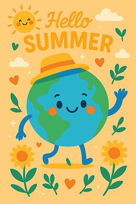 구름 꽃 포스터 잎 일러스트 하늘 미소 사람없음 여름 반짝임 태양 노란색 걷기 하트 밀짚모자 손인사 안녕 국내일러스트 일러캐릭터 지구캐릭터 AI파일 자연요소 모양 식물 캐릭터 모자_잡화 계절 지구 컬러 모션 표정 인사 파일형식 벡터