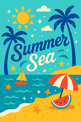 구름 포스터 하늘색 일러스트 하늘 불가사리 해변 사람없음 여름 반짝임 모래사장 야자수 태양 파라솔 돗단배 수박조각 국내일러스트 AI파일 자연요소 나무 계절 바다 조각 배_교통 모션 극피동물 수박 파란색 파일형식 벡터