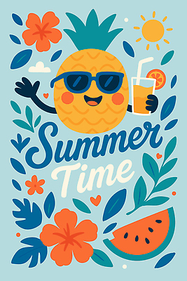 포스터 하늘색 잎 일러스트 잔 수박 미소 들기 사람없음 여름 선글라스 태양 하트 파인애플 손인사 히비스커스 국내일러스트 AI파일 자연요소 모양 식물 식기 계절 꽃 안경 과일 모션 표정 파란색 인사 열대과일 파일형식 벡터