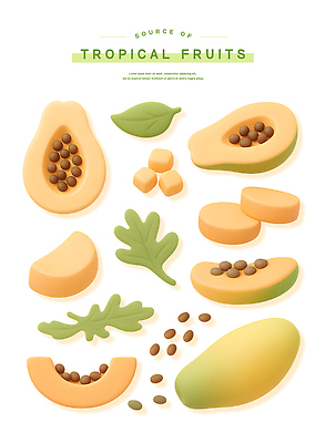 PSD 편집이미지 스티커 잎 씨앗 사람없음 과일조각 엘리먼트 연분홍색 파파야 이미지편집 식물 분홍색 조각 과일 열대과일 파일형식