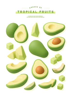 PSD 편집이미지 스티커 잎 씨앗 사람없음 초록색 열대과일 아보카도 과일조각 엘리먼트 이미지편집 식물 컬러 조각 과일 파일형식