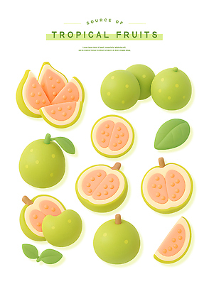 PSD 편집이미지 분홍색 스티커 잎 사람없음 연두색 과일조각 구아바 엘리먼트 이미지편집 식물 컬러 조각 과일 초록색 열대과일 파일형식