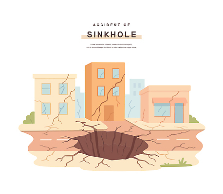 도로 일러스트 사람없음 건물 풀 균열 위험 자연재해 긴급상황 지반침하 국내일러스트 AI파일 식물 건축물 길 컨셉 교통시설 모션 긴급 재해 파일형식 벡터
