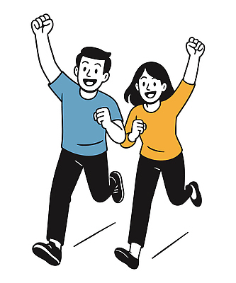 전신 여자 남자 일러스트 함께함 웃음 청년 두명 청춘 달리기 손들기 파이팅 열정 청년만 일러캐릭터 AI파일 캐릭터 감정 컨셉 모션 표정 사람 성인 성인만 파일형식 벡터