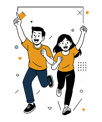전신 여자 남자 일러스트 함께함 웃음 청년 두명 청춘 달리기 손들기 파이팅 가리킴 열정 청년만 일러캐릭터 AI파일 캐릭터 감정 컨셉 모션 표정 사람 손짓 성인 성인만 파일형식 벡터