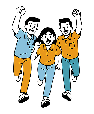 전신 여자 남자 일러스트 함께함 웃음 청년 세명 청춘 달리기 손들기 파이팅 열정 청년만 일러캐릭터 AI파일 캐릭터 감정 컨셉 모션 표정 사람 성인 성인만 파일형식 벡터
