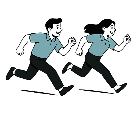 전신 여자 남자 일러스트 함께함 웃음 청년 두명 청춘 달리기 열정 청년만 일러캐릭터 AI파일 캐릭터 감정 컨셉 모션 표정 사람 성인 성인만 파일형식 벡터