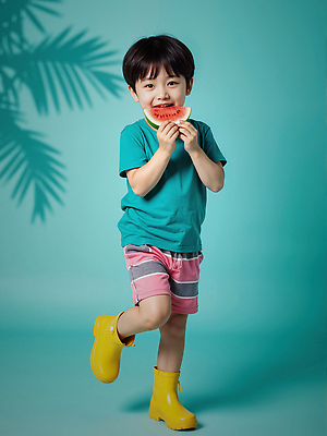 JPG 전신 편집이미지 남자 어린이 반바지 수박 그림자 장화 한명 서기 웃음 들기 소년 여름 즐거움 청록색 활기 다리들기 열대잎 의료성형뷰티 소년한명만 편집실사 AI인물포토 AI콘텐츠 1 계절 감정 컬러 신발 컨셉 잎 과일 바지 모션 표정 사람 CG 남자한명만 소년만 파일형식 AI포토