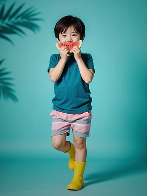 JPG 전신 편집이미지 남자 어린이 반바지 수박 그림자 장화 한명 서기 웃음 들기 소년 여름 즐거움 청록색 활기 다리들기 열대잎 의료성형뷰티 소년한명만 편집실사 AI인물포토 AI콘텐츠 1 계절 감정 컬러 신발 컨셉 잎 과일 바지 모션 표정 사람 CG 남자한명만 소년만 파일형식 AI포토