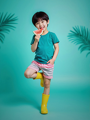JPG 전신 편집이미지 남자 어린이 반바지 수박 그림자 장화 한명 서기 웃음 들기 소년 여름 즐거움 주머니손 청록색 활기 다리들기 열대잎 의료성형뷰티 소년한명만 편집실사 AI인물포토 AI콘텐츠 1 계절 감정 컬러 신발 컨셉 잎 과일 바지 모션 표정 사람 CG 남자한명만 소년만 파일형식 AI포토