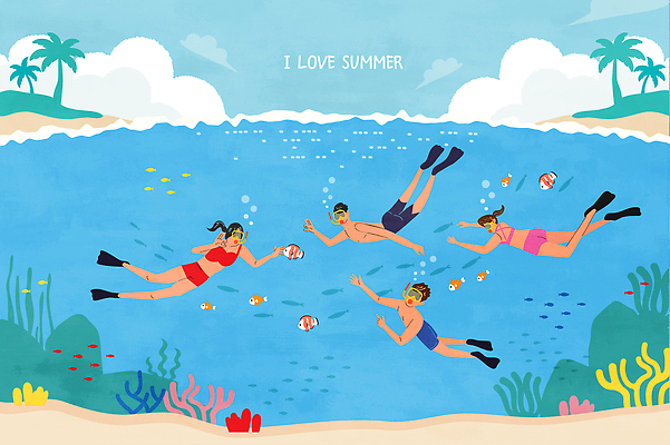 전신 구름 여자 남자 바다 하늘색 일러스트 물놀이 하늘 어류 여러명 성인 여름휴가 비키니 야자수 바닷속 수영 여름풍경 산호 잠수 스노클링용품 성인만 국내일러스트 AI파일 자연요소 나무 수영복 스포츠용품 다수 놀이 휴가 사람 풍경 파란색 수중 수중동물 수상스포츠 스노클링 자포동물 파일형식 벡터 여름_계절