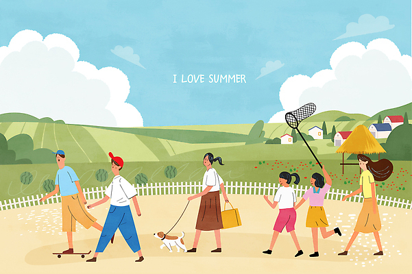 전신 나무 구름 여자 남자 어린이 가방 일러스트 청소년 하늘 주택 들기 소녀 초원 여러명 성인 여름휴가 농장 걷기 여름풍경 산책 시골 스케이트보드 강아지 원두막 목줄 채집망 수박밭 캡모자 국내일러스트 AI파일 자연요소 식물 모자_잡화 잡화 다수 밭 농업 모션 휴가 휴식 사람 풍경 건물 반려동물 보드_스포츠 개 파일형식 벡터 여름_계절 반려용품