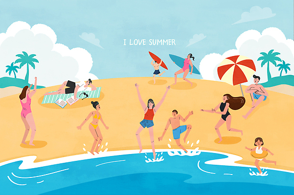 전신 구름 여자 남자 어린이 일러스트 물놀이 하늘 앉기 소녀 여러명 성인 해변 여름휴가 비키니 모래사장 야자수 눕기 달리기 여름풍경 만세 파라솔 서핑보드 돗자리 튀는물 튜브 국내일러스트 AI파일 자연요소 나무 수영복 바다 다수 모션 놀이 휴가 사람 풍경 보드_스포츠 액체표현 스플래쉬 파일형식 벡터 여름_계절