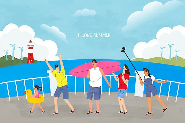 전신 구름 여자 남자 어린이 일러스트 난간 가족 청소년 물놀이 하늘 등대 들기 소녀 여러명 성인 여름휴가 여름풍경 만세 서핑보드 풍력기 산골 셀카봉 오리튜브 국내일러스트 AI파일 자연요소 다수 관계 모션 놀이 휴가 사람 풍경 보드_스포츠 풍력에너지 튜브 파일형식 벡터 여름_계절
