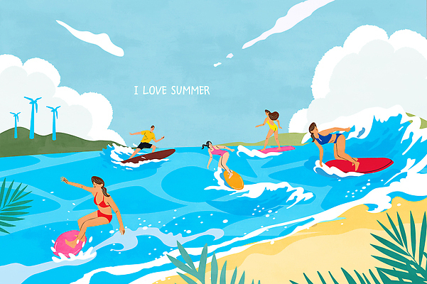 전신 구름 여자 남자 물결 파도 하늘색 일러스트 물놀이 하늘 산 여러명 성인 해변 여름휴가 비키니 여름풍경 서핑보드 풍력기 야자수잎 성인만 국내일러스트 AI파일 자연요소 수영복 바다 다수 잎 놀이 휴가 사람 풍경 파란색 보드_스포츠 풍력에너지 파일형식 벡터 여름_계절