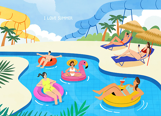 전신 구름 여자 남자 하늘색 일러스트 물놀이 하늘 수영장 들기 여러명 성인 여름휴가 비키니 야자수 눕기 기댐 여름풍경 파라솔 칵테일 떠있는 선베드 워터슬라이드 성인만 플라밍고튜브 국내일러스트 AI파일 자연요소 나무 수영복 다수 의자 모션 놀이 휴가 주류 사람 풍경 파란색 튜브 파일형식 벡터 여름_계절