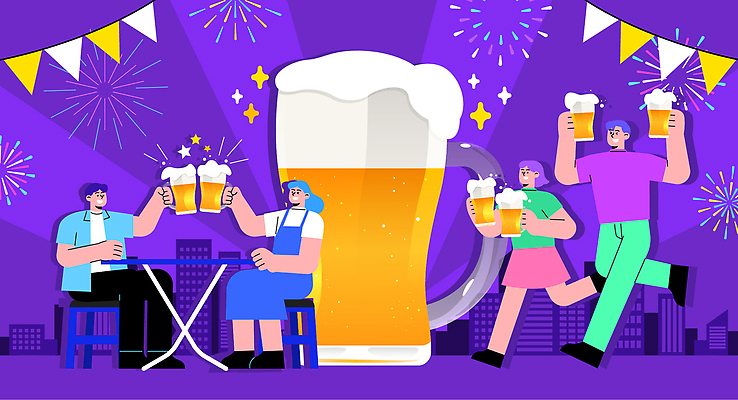 전신 여자 남자 일러스트 생맥주 폭죽 웃음 들기 앉기 빌딩 여러명 성인 친구 반짝임 달리기 보라색 여름풍경 즐거움 건배 맥주잔 가랜드 맥주거품 맥주축제 야외의자 야외테이블 여름밤 성인만 여름축제 국내일러스트 AI파일 감정 컬러 다수 술잔 의자 관계 모션 탁자 맥주 표정 사람 풍경 건물 여름 축제 거품 야간 파티용품 파일형식 벡터 여름_계절