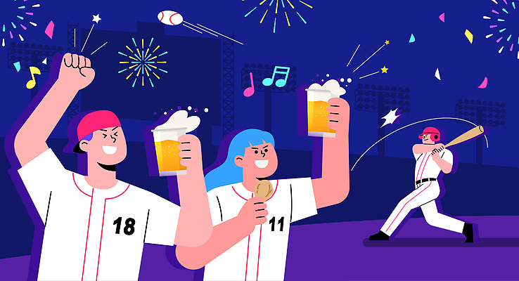 전신 여자 남자 유니폼 음표 일러스트 생맥주 폭죽 웃음 들기 상반신 성인 세명 친구 보라색 여름풍경 기쁨 만세 야구방망이 타자 즐거움 야구공 야구모자 꽃가루 맥주잔 야구복 야구장 맥주거품 맥주축제 여름밤 치기 캡모자 성인만 치맥 여름축제 국내일러스트 AI파일 모자_잡화 기호 옷 감정 음악 컬러 술잔 공 스포츠시설 관계 모션 맥주 표정 사람 풍경 여름 운동복 축제 치킨 거품 야구 야구용품 야구선수 야간 가루 파일형식 벡터 여름_계절