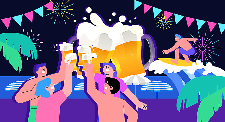 전신 여자 남자 수영복 파도 일러스트 생맥주 폭죽 웃음 들기 여러명 상반신 성인 해변 친구 보라색 여름풍경 파라솔 서핑보드 서핑 즐거움 건배 맥주잔 야자수잎 가랜드 맥주거품 맥주축제 여름밤 성인만 여름축제 국내일러스트 AI파일 옷 감정 바다 컬러 다수 잎 술잔 관계 모션 맥주 표정 사람 풍경 여름 축제 거품 수상스포츠 보드_스포츠 야간 파티용품 파일형식 벡터 여름_계절