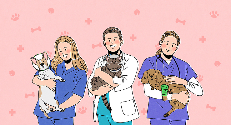 여자 남자 분홍색 일러스트 청진기 안기 미소 웃음 들기 성인 세명 고양이 방울 의사가운 강아지 수술복 푸들 붕대 동물병원 수의사 개발자국 개뼈다귀 십자마크 성인만 쓰다듬기 시바견 넥카라 국내일러스트 AI파일 컬러 포유류 의료기기 모션 표정 병원 사람 장식 반려동물 의사 가운 개 발자국 애견간식 파일형식 벡터 반려용품