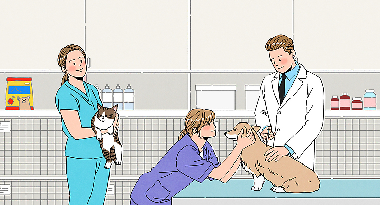 여자 남자 일러스트 안기 주사기 미소 들기 상반신 성인 세명 고양이 잡기 의사가운 강아지 약병 서랍장 수술복 동물병원 수의사 개사료 백신 수납함 수술대 성인만 쓰다듬기 국내일러스트 AI파일 가구 포유류 의학 의료기기 모션 표정 병원 사람 반려동물 약 의사 가운 개 먹이 병_담는 파일형식 벡터