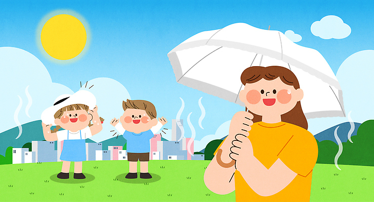 전신 구름 모자 여자 남자 어린이 일러스트 가족 하늘 산 미소 들기 소녀 소년 잔디 상반신 성인 야외 건물 세명 여름 태양 손들기 잡기 뜨거움 더위 양산 토시 땀흘리기 국내일러스트 AI파일 자연요소 식물 건축물 잡화 옷 계절 컨셉 관계 모션 날씨 표정 사람 파일형식 벡터