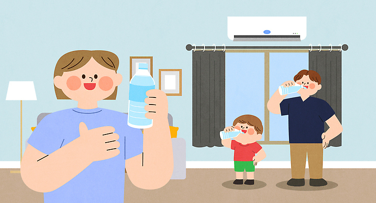 전신 여자 남자 어린이 허리손 액자 일러스트 가족 실내 미소 들기 소년 상반신 성인 세명 여름 소파 손들기 마시기 스탠드 커튼 더위 에어컨 수분섭취 국내일러스트 AI파일 계절 포즈 의자 관계 모션 날씨 조명 표정 사람 내부 가전제품 파일형식 벡터