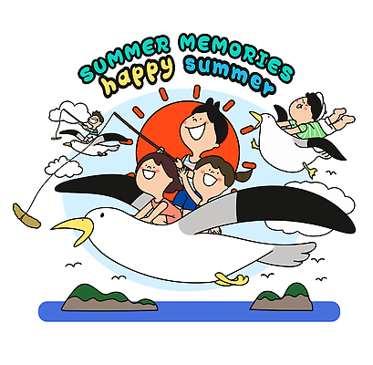 전신 구름 여자 남자 어린이 바다 섬 여행 일러스트 갈매기 하늘 여름방학 웃음 들기 앉기 소녀 소년 두명 여름휴가 바캉스 태양 손들기 비행 잡기 낚싯대 승차 즐거움 캡모자 어린이만 국내일러스트 AI파일 자연요소 모자_잡화 감정 모션 조류 방학 휴가 표정 사람 낚시용품 파일형식 벡터 여름_계절