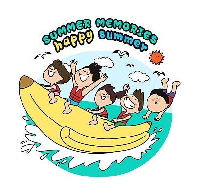 전신 구름 여자 남자 어린이 여행 일러스트 물놀이 갈매기 하늘 여름방학 웃음 앉기 소녀 소년 두명 여름휴가 바캉스 태양 손들기 만세 잡기 즐거움 구명조끼 바나나보트 어린이만 국내일러스트 AI파일 자연요소 감정 모션 놀이 조류 방학 휴가 표정 사람 보트 구조용품 파일형식 벡터 여름_계절