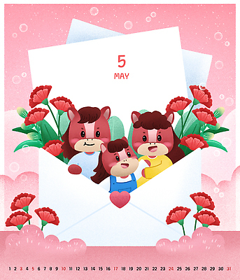 PSD 분홍색 잎 일러스트 가족 편지봉투 미소 사람없음 손들기 달력 비눗방울 5월 편지지 카네이션 가정의달 국내일러스트 병오년 붉은말 붉은말캐릭터 식물 꽃 컬러 관계 모션 봉투 표정 말_동물 날짜 편지 말캐릭터 파일형식 2026년