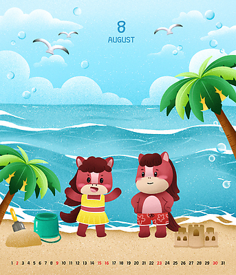 PSD 구름 수영복 허리손 하늘색 일러스트 갈매기 하늘 여름방학 미소 해변 사람없음 여름휴가 야자수 만세 달력 비눗방울 삽 양동이 모래성 8월 국내일러스트 병오년 붉은말 붉은말캐릭터 자연요소 나무 옷 모래 바다 포즈 모션 조류 방학 휴가 표정 파란색 말_동물 날짜 말캐릭터 파일형식 2026년 여름_계절