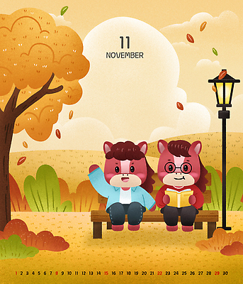 PSD 구름 낙엽 가로등 벤치 일러스트 하늘 단풍나무 미소 들기 앉기 잔디 사람없음 책 독서 손들기 달력 11월 안경낌 국내일러스트 병오년 붉은말 붉은말캐릭터 자연요소 나무 식물 공공시설 안경 단풍 잎 의자 모션 표정 말_동물 날짜 말캐릭터 파일형식 2026년