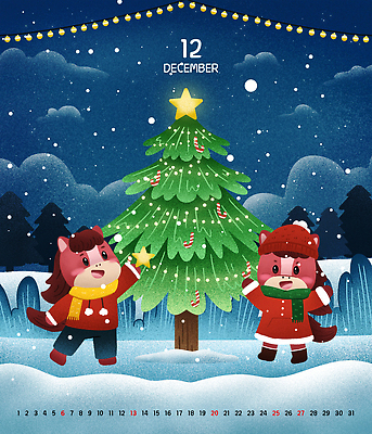 자연요소 식물 모자_잡화 잡화 컨셉 크리스마스 전구 모션 하늘 눈_날씨 표정 사탕 말_동물 날짜 야간 말캐릭터 파일형식 2026년 12월 나무 알전구 들기 장식 만세 털모자 목도리 지팡이사탕 별 크리스마스트리 구름 밤하늘 눈덮임 쌓인눈 눈내림 달력 미소 붉은말캐릭터 붉은말 병오년 PSD 일러스트 국내일러스트 사람없음