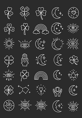 별 무지개 라인일러스트 일러스트 사람없음 세트 태양 검은색 별자리 하트 네잎클로버 초승달 라인아트 오브젝트 손모양 눈모양 세잎클로버 키치 국내일러스트 AI파일 자연요소 모양 식물 선 컬러 컨셉 달 클로버 파일형식 벡터 손_신체부위