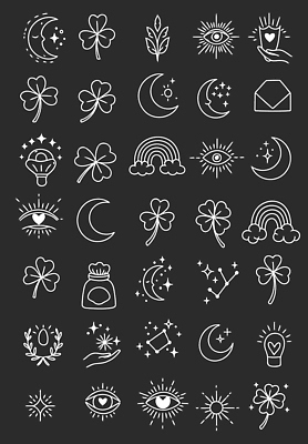 구름 무지개 잎 라인일러스트 일러스트 전구 봉투 편지봉투 사람없음 반짝임 세트 검은색 별자리 네잎클로버 초승달 라인아트 오브젝트 손모양 눈모양 요술봉 세잎클로버 키치 국내일러스트 AI파일 자연요소 모양 식물 선 컬러 컨셉 모션 달 클로버 편지 파일형식 벡터 손_신체부위